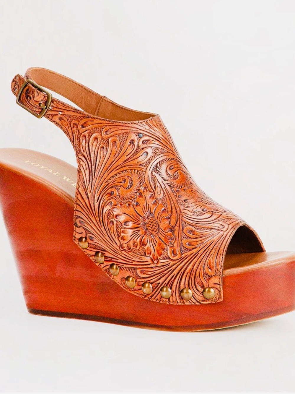 Myra Bag - Loyal West Line Amelia Hand Tooled Leather Wedge Sandals - Tan - Picture 5 of 7
